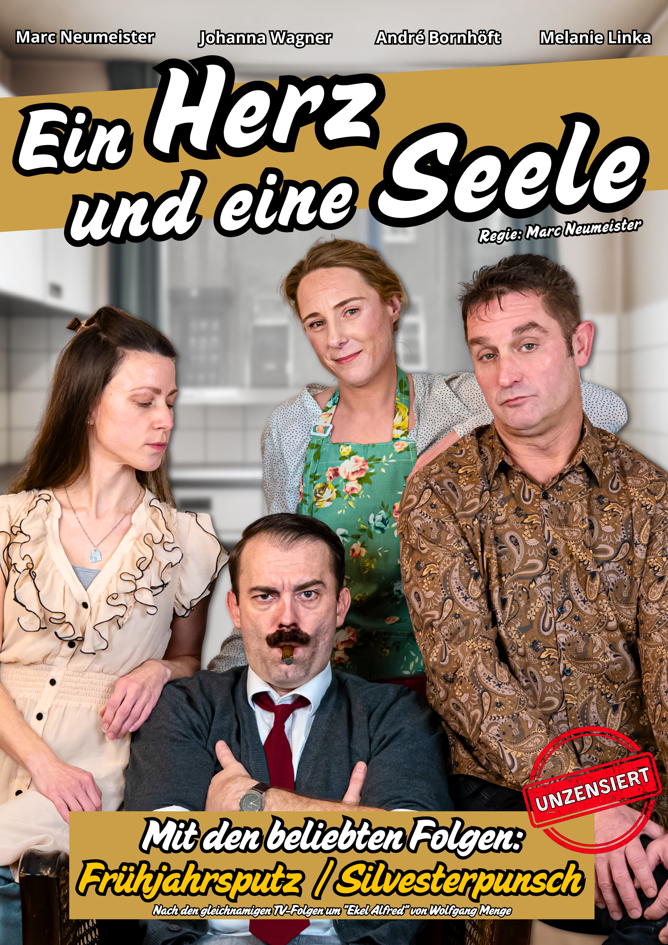 Ein Bild einer Fernsehshow mit fünf Menschen vor einem Fenster und einem offenen Vorhang. Die Szene wirkt wie eine TV-Gruppenaufnahme mit einer roten Markierung mit der Aufschrift "UNZENIERT" und Text auf Deutsch über den Inhalt der Show.