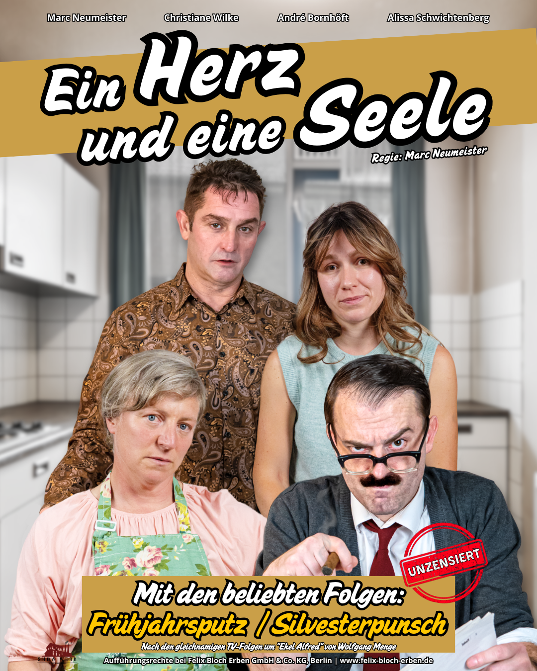 Ein Bild einer Fernsehshow mit fünf Menschen vor einem Fenster und einem offenen Vorhang. Die Szene wirkt wie eine TV-Gruppenaufnahme mit einer roten Markierung mit der Aufschrift "UNZENIERT" und Text auf Deutsch über den Inhalt der Show.