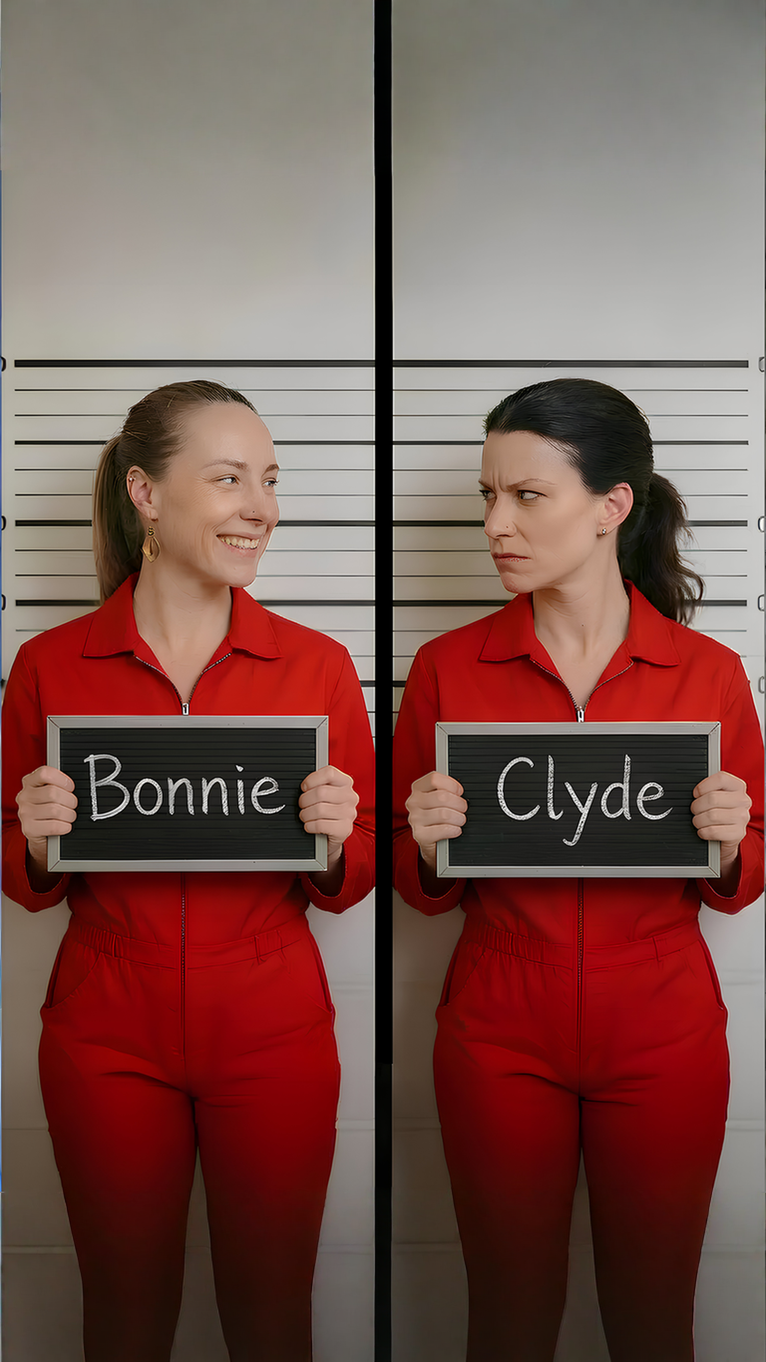 Zwei Frauen in rotem Anzug stehen vor einer schwarzen Wand mit Höhenmarkierungen. Die linke Frau lächelt, die rechte schaut skeptisch. Beide halten Schilder mit den Namen Bonnie und Clyde.