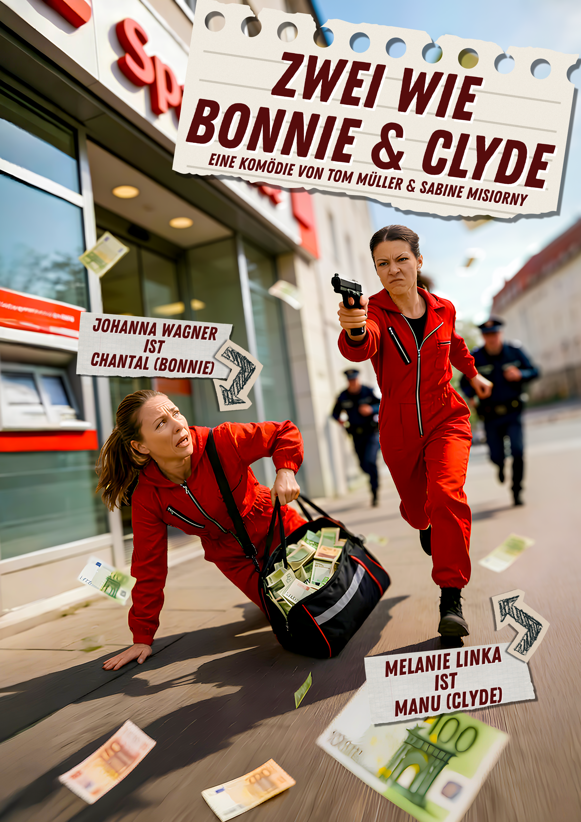 Zwei Frauen in roten Overalls rennen auf einer Stadtstraße, eine mit einer Waffe in der Hand und die andere, die auf dem Boden liegt, mit Geldscheinen und einem Rucksack voller Geld. Es sind Polizeibeamte im Hintergrund. Über dem Bild ist ein großflächiger Titel, der beschreibt, dass es sich um eine Komödie handelt.