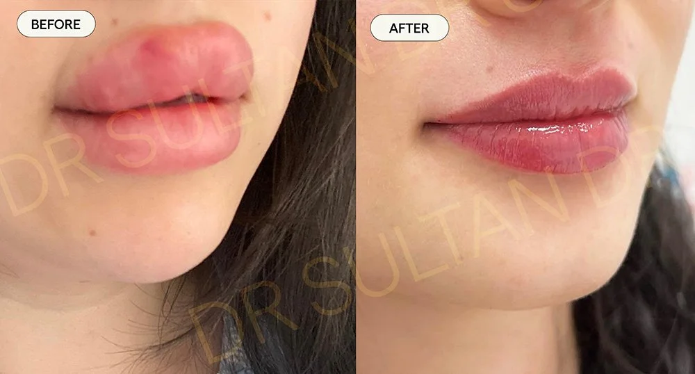 Correction of over-filled and migrated lip filler. The process included a consultation, dissolving, and refilling. 