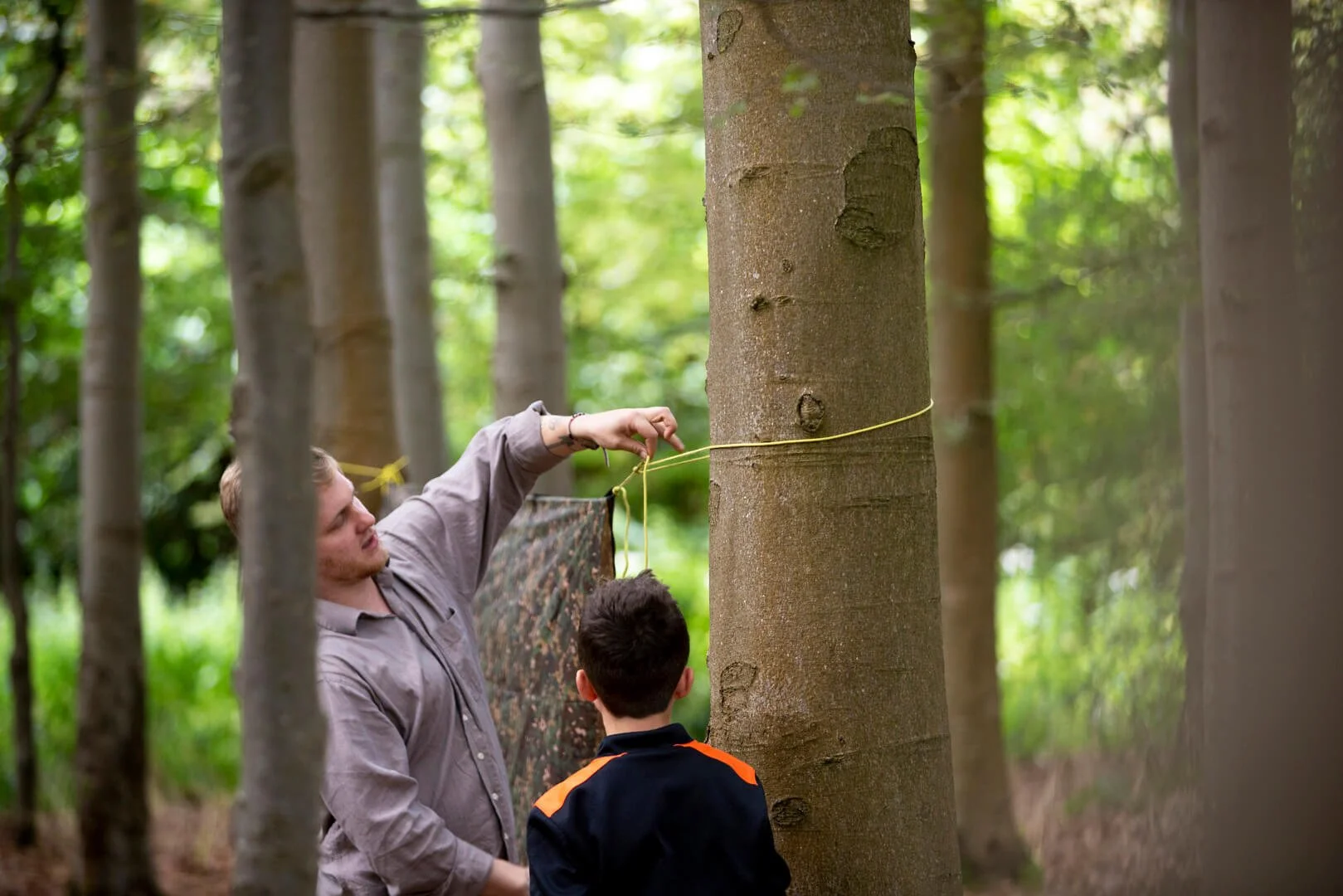 Two people, a man and a boy, in a wooded forest, measuring a tree with a yellow string.