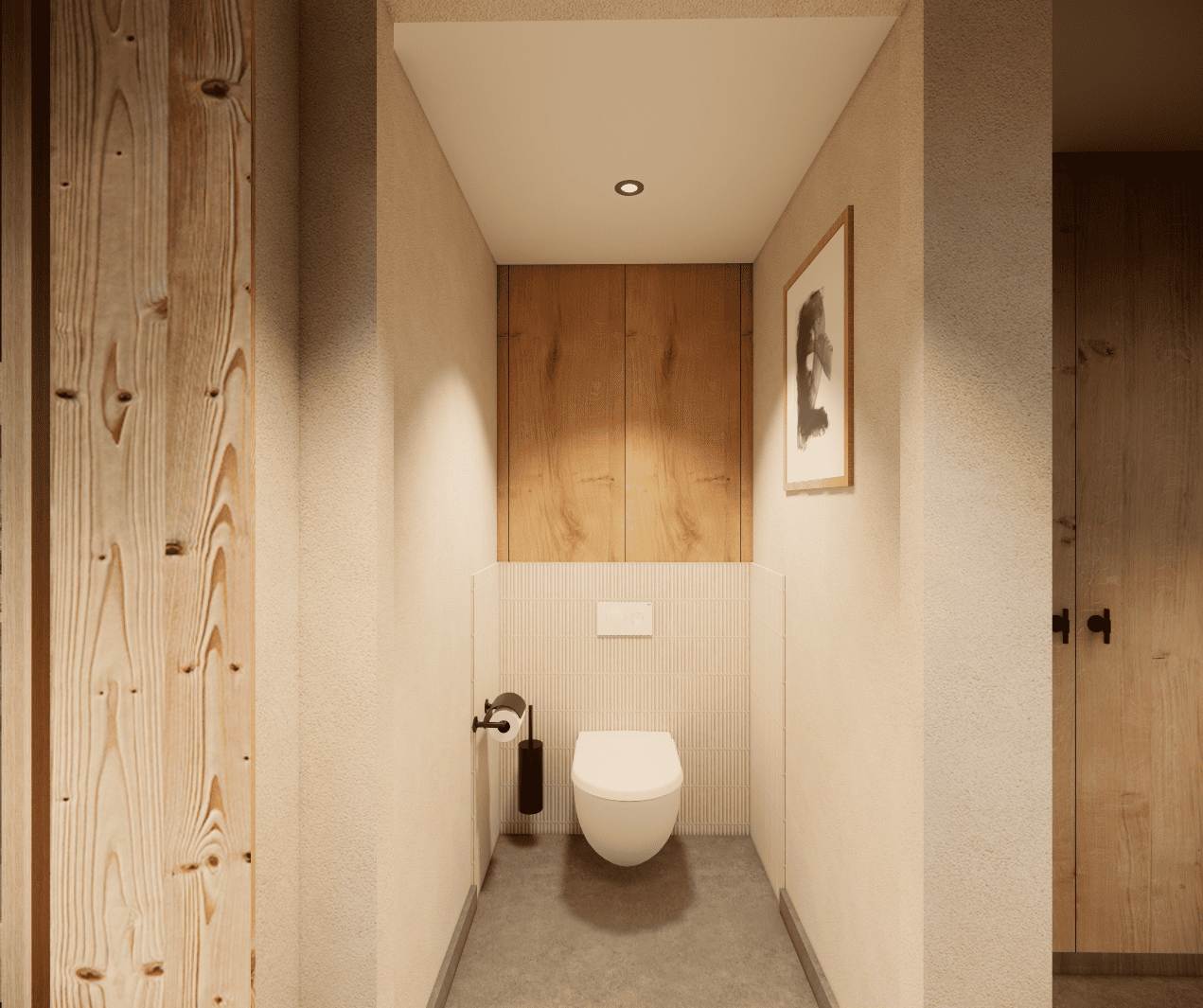 Projet Vaujany - Optimisation de l'espace avec des rangements et décoration du toilettes en harmonie avec le reste du projet.