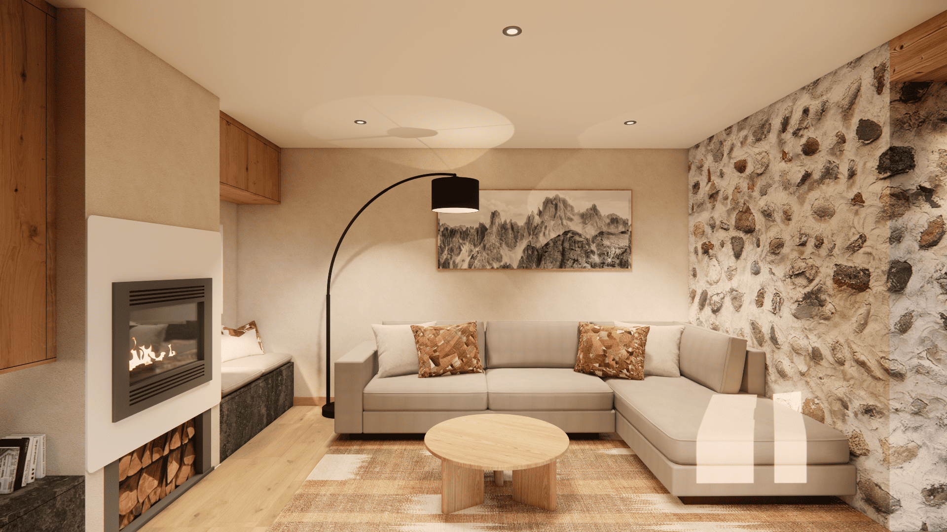 Projet Vaujany - Conservation du mur en pierre naturel en créant une ambiance douce et reposante pour ce salon.