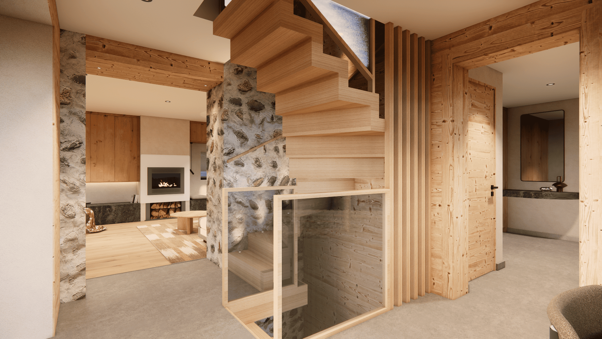 Projet Vaujany - Escalier sur-mesure en chêne massif, garde-corps vitré pour une touche d'élégance.