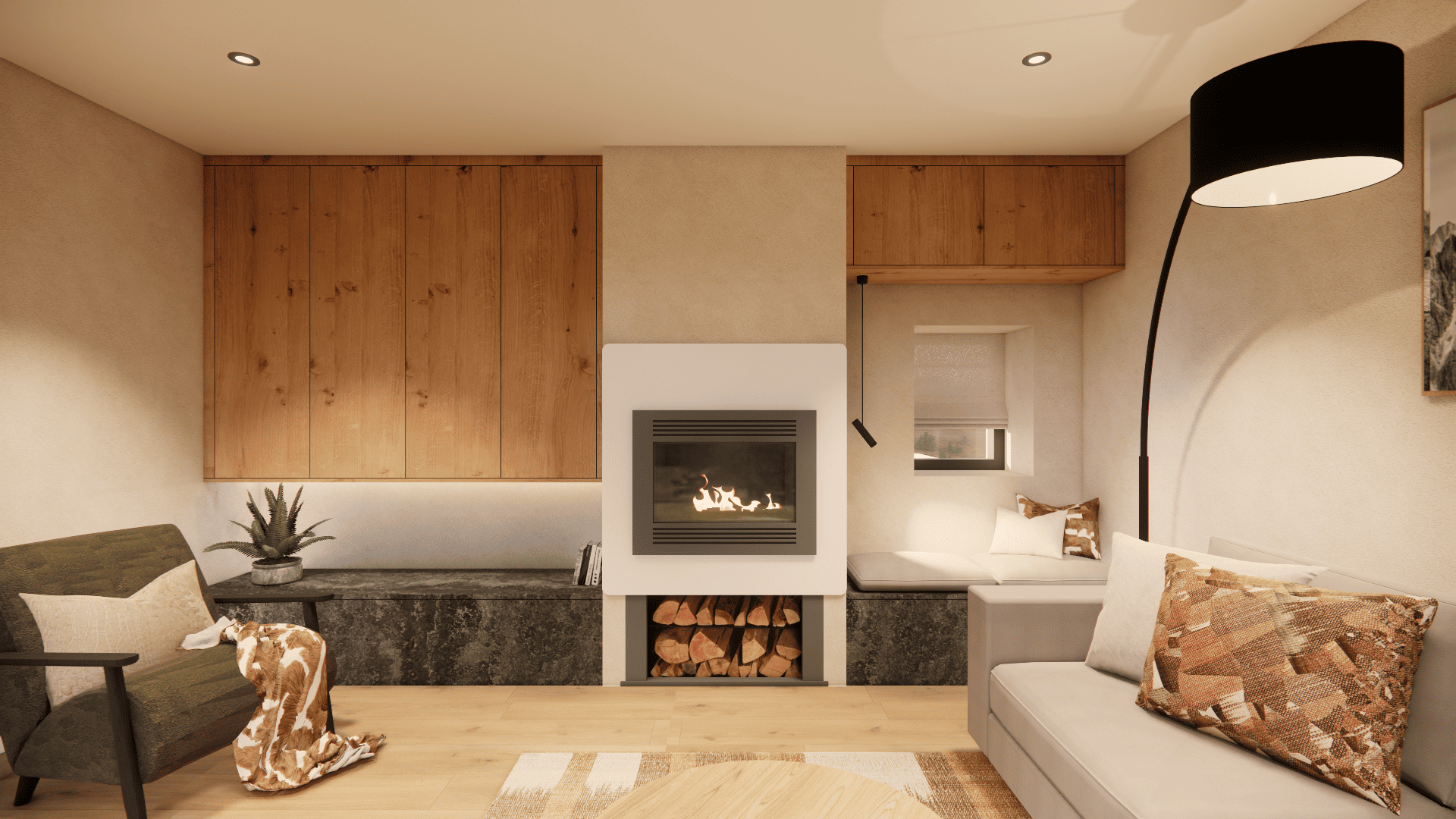 Projet Vaujany - Habillage de la cheminée par des rangements pour optimiser l'espace. En créant une ambiance douce et reposante. 