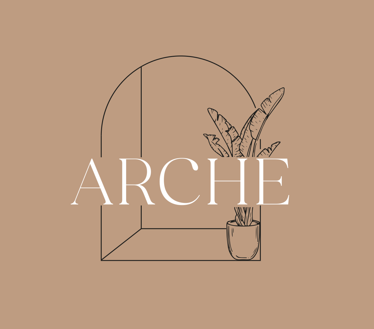 Une illustration simple d'un vase avec des plumes ou des feuilles. Le fond est beige et le mot 'ARCHÉ' est écrit en blanc au centre de l'image.