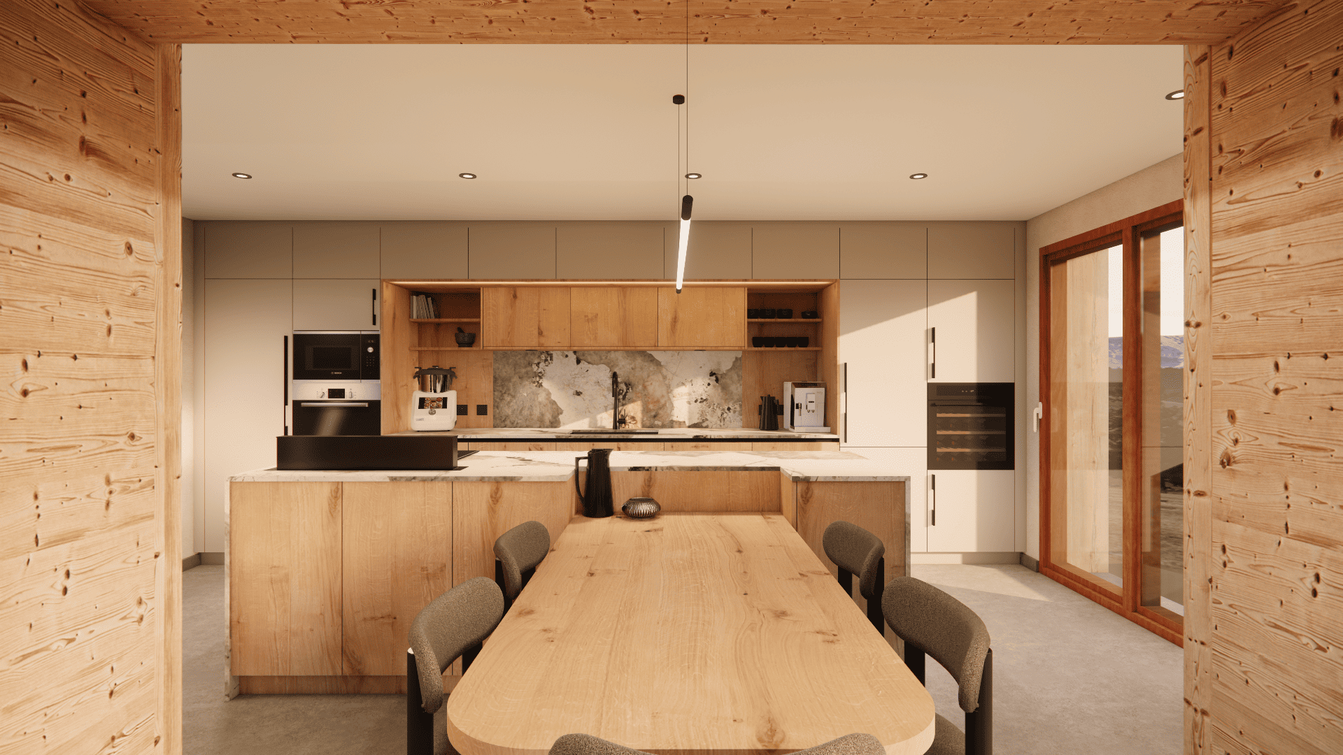 Cuisine haut de gamme, sur-mesure. Contemporaine et mise en valeur par un placage chêne et une belle céramique.