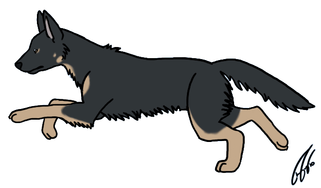 Illustration of a German Shepherd in a running pose on a beige background.