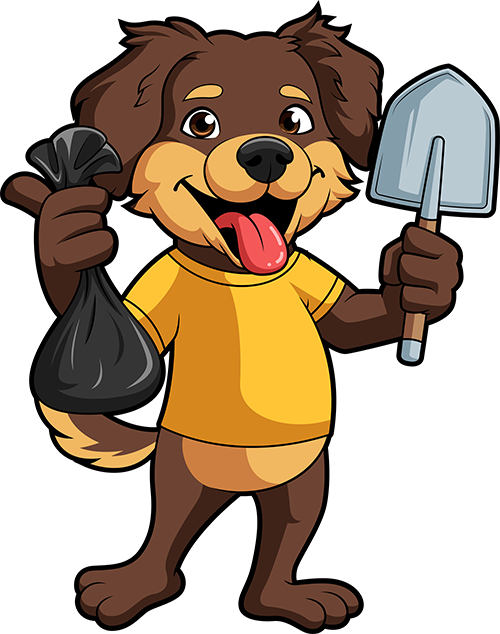 Cartoon dog in yellow shirt holding a shovel and a trash bag