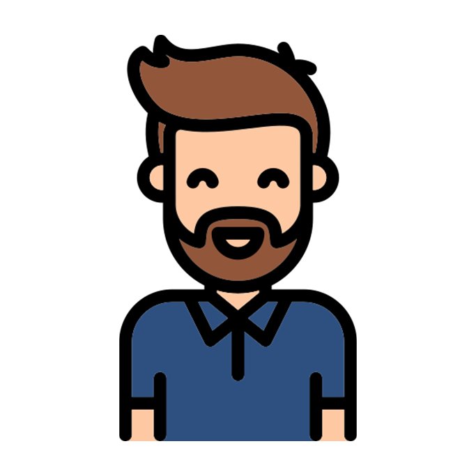 Cartoon illustration of a smiling man with brown hair and beard, wearing a navy blue shirt.