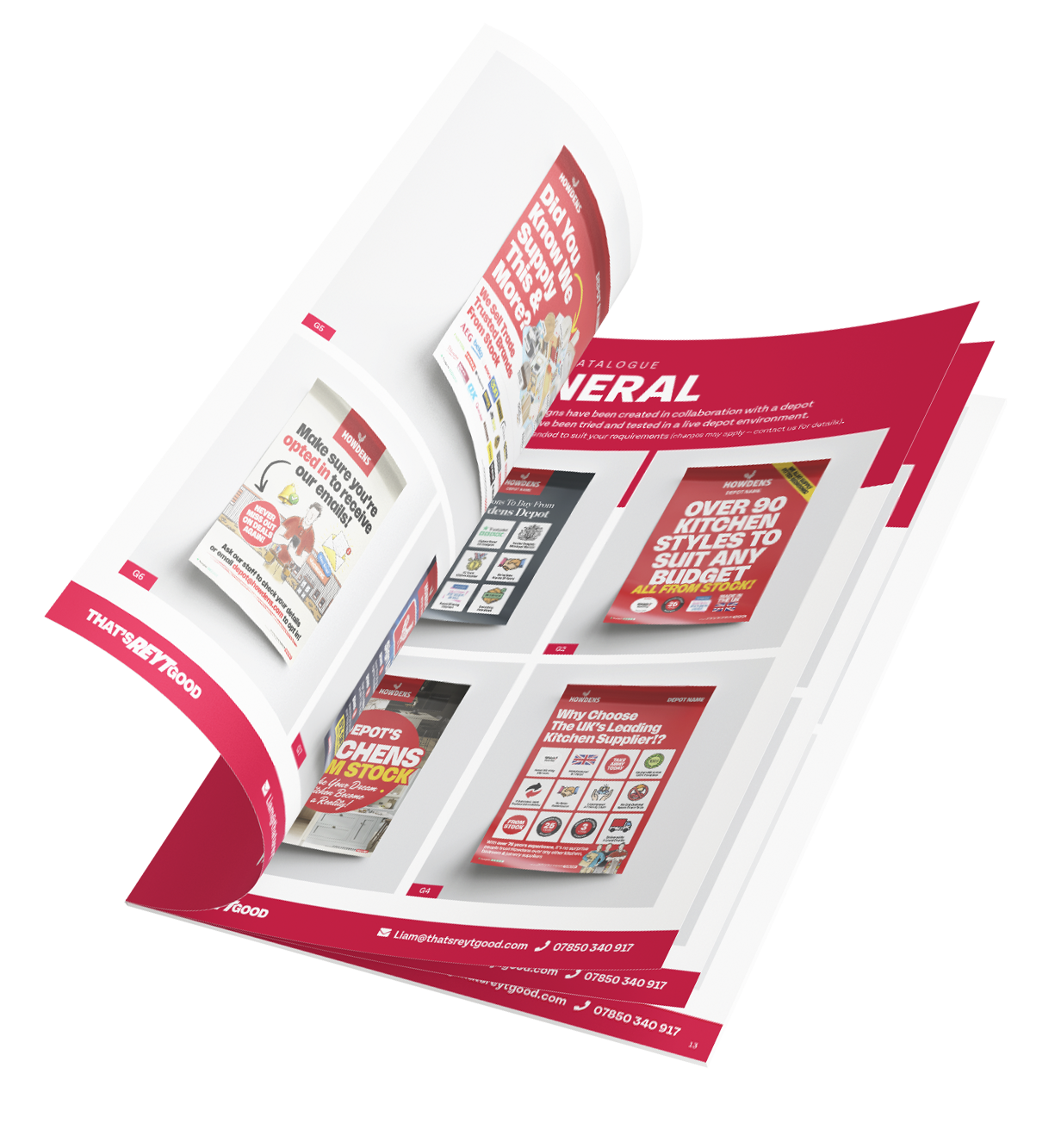 Brochure or catalog showcasing various kitchen and depot supplies, including promotional signs for over 90 kitchen styles, email communication, and stock availability.