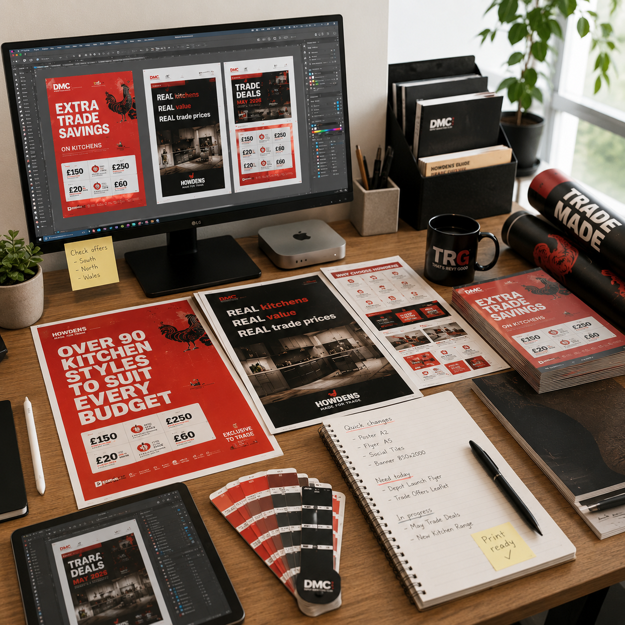 Desk setup with computer monitor displaying promotional designs for kitchen trade event, alongside printed flyers, brochures, color swatches, a notebook with handwritten notes, a tablet, pens, a potted plant, notebooks, and branded items like mugs and roll-up banners, in a well-lit office space.