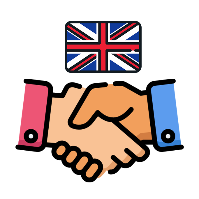 Illustration of two hands shaking with a United Kingdom flag above them.