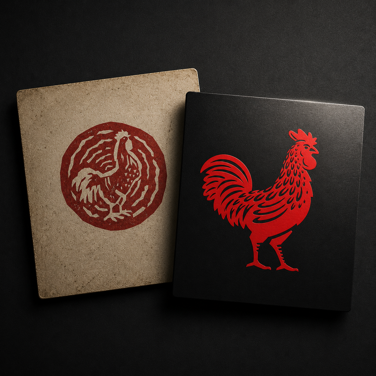 Two cards with rooster illustrations, one with a traditional woodcut style in red on beige background, the other with a modern red rooster silhouette on black background.