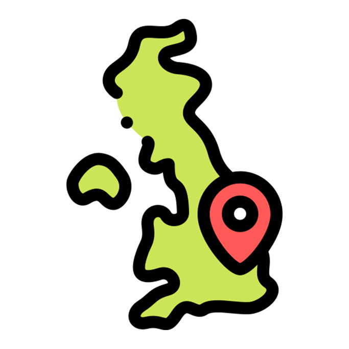 Map of Great Britain with a red location marker near the center of England.