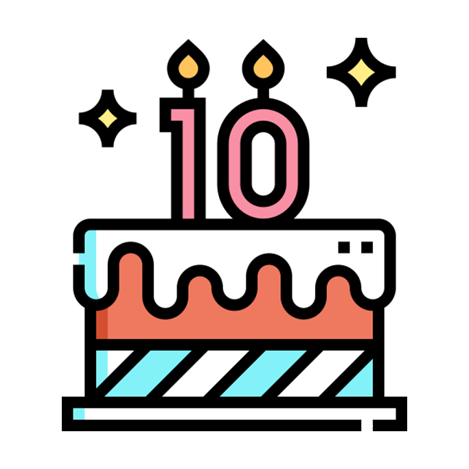 A birthday celebration graphic with a stylized cake, pink number ten on top, and sparkles and candles around it.