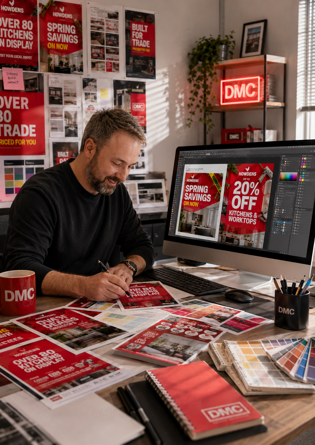 A man sitting at a desk designing promotional flyers for a sale event. The desk is covered with printed flyers, color swatches, and design tools. The computer screen displays a promotional poster, and a wall in the background has various posters and a neon 'DMC' sign.