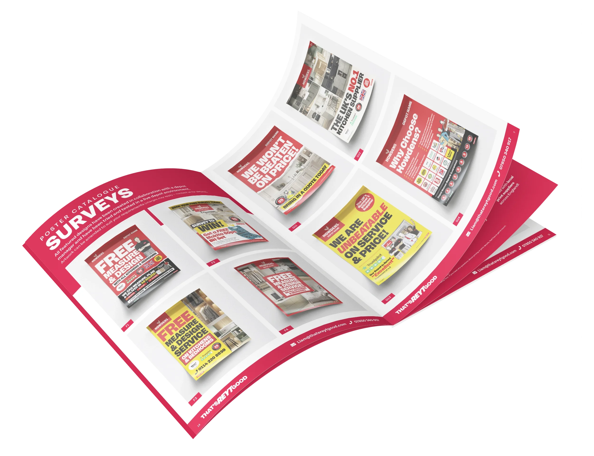 Open brochure displaying advertisements and flyers in red, yellow, and black colors, with various headlines about home improvement and construction services.