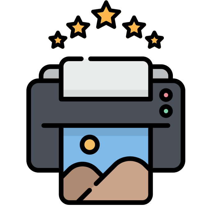 An illustration of a photo printer printing a photograph with a mountain and sun scene, above it are five golden stars, indicating high quality or excellent print.