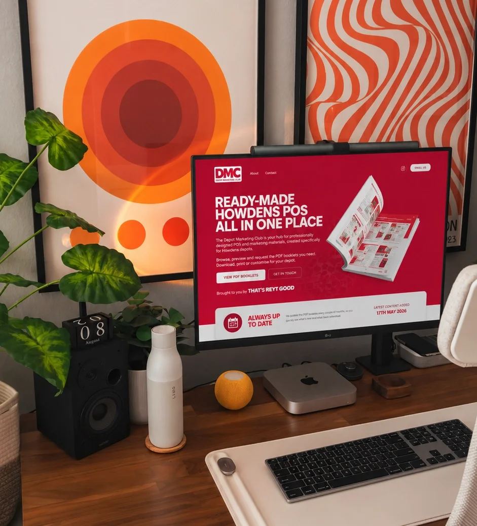 Desk setup with a monitor displaying a red webpage titled 'READY-MADE HOWDENS POS ALL IN PLACE', a large framed orange and yellow circular art piece, green leafy plant, white diffuser, yellow speaker, and a computer keyboard and mouse.