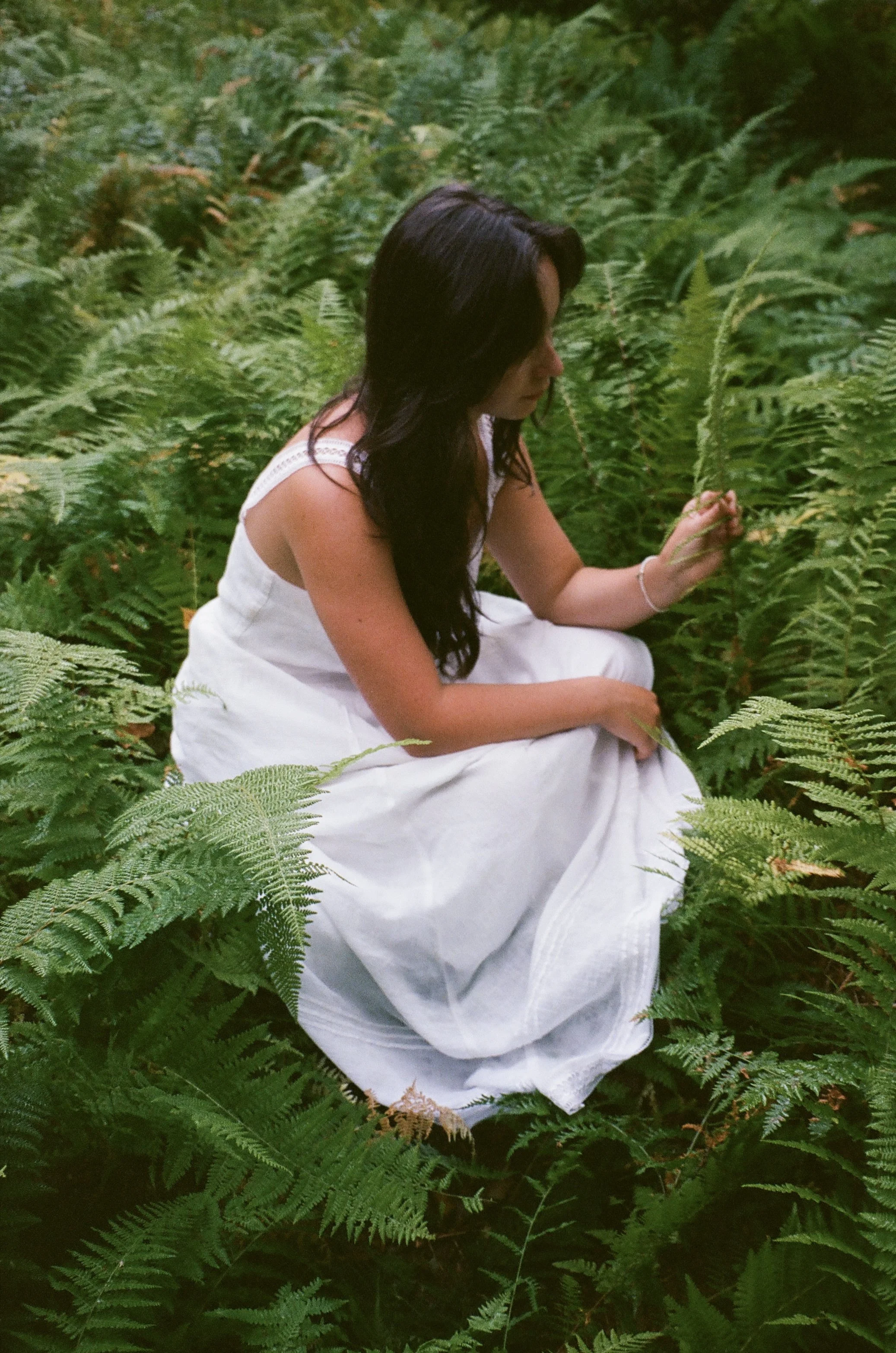 A woman in a white dress sitting among green ferns in a lush forest.