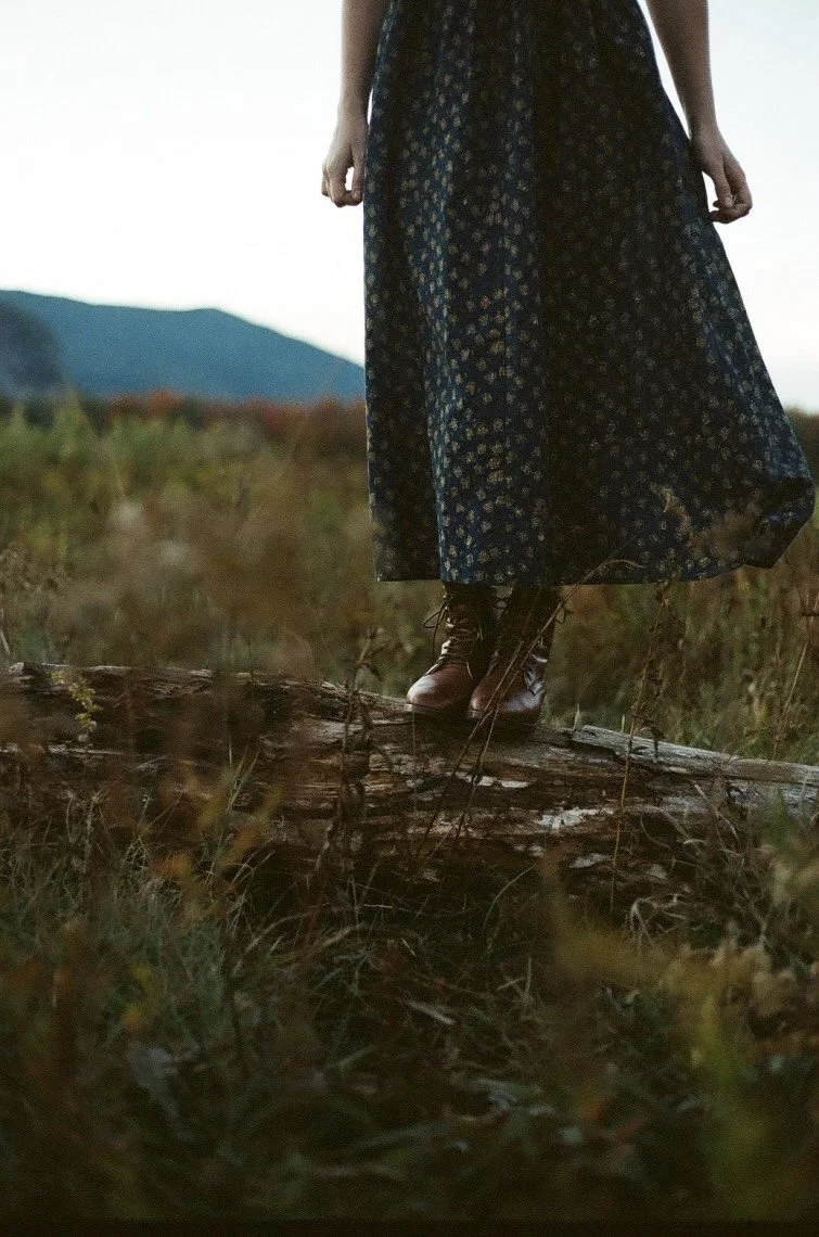 Person standing on a log outdoors, wearing a long patterned dress and brown boots, with a blurred natural background and mountains in the distance.