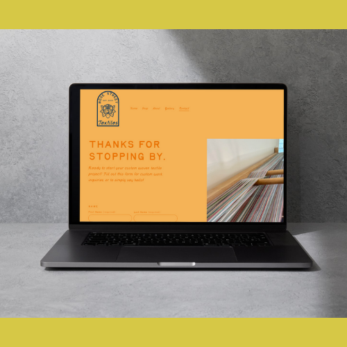 Open laptop displaying a thank you message for stopping by from a textile company, with a logo and a photo of fabric on the screen.