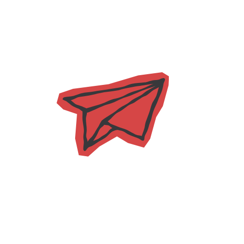 Red paper airplane illustration with black outline on a black background.