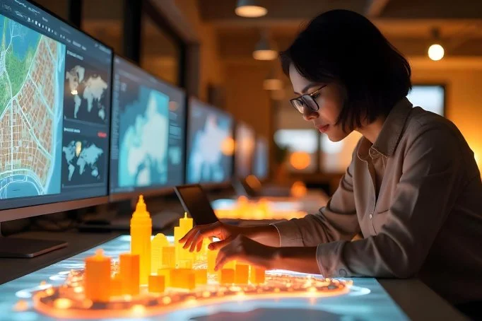 A woman wearing glasses working with yellow 3D city models on a table with multiple computer monitors displaying maps and data.