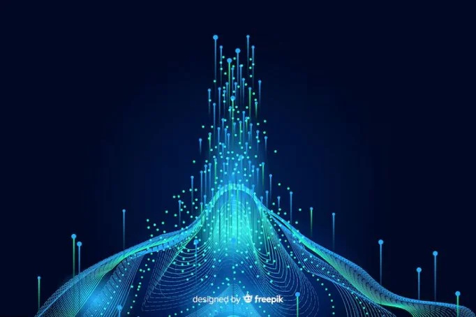Digital data visualization with glowing blue lines and dots forming a rising peak or wave against a dark background.