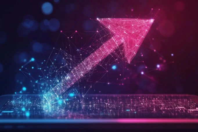 Digital illustration of a pink upward arrow made of glowing lines and dots, representing growth or progress.