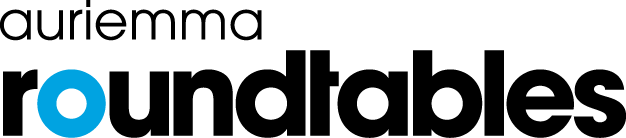Logo for Auriemma Roundtables with the words 'auriema' in lowercase and 'roundtables' in bold, black text, featuring a blue circle in the letter 'o' of 'roundtables'.