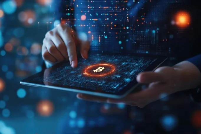 Person holding a tablet showing a glowing Bitcoin symbol with digital data and abstract technology background.
