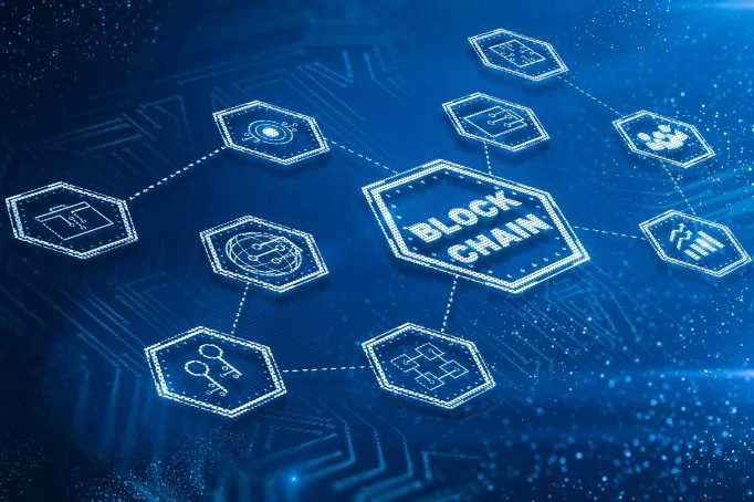 Digital illustration of a blockchain network with interconnected icons representing various technologies, centered around a block chain label.