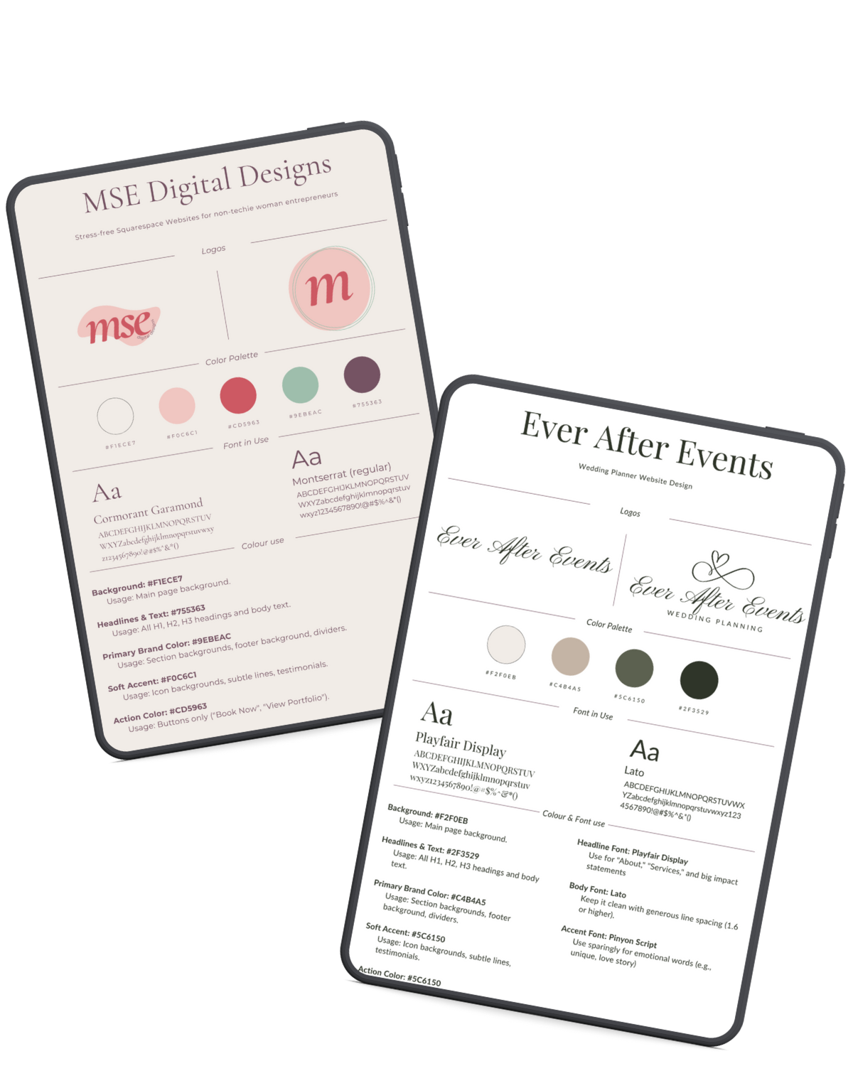 Design styles and color palettes for wedding planner websites, showing logo examples, fonts, and color schemes.