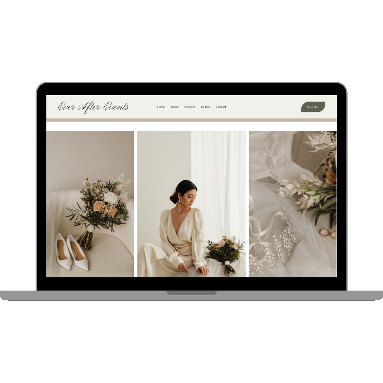 Screenshot of a website called 'Ever After Events' featuring wedding or event planning images, including a bouquet, a woman sitting by a window, and wedding accessories.