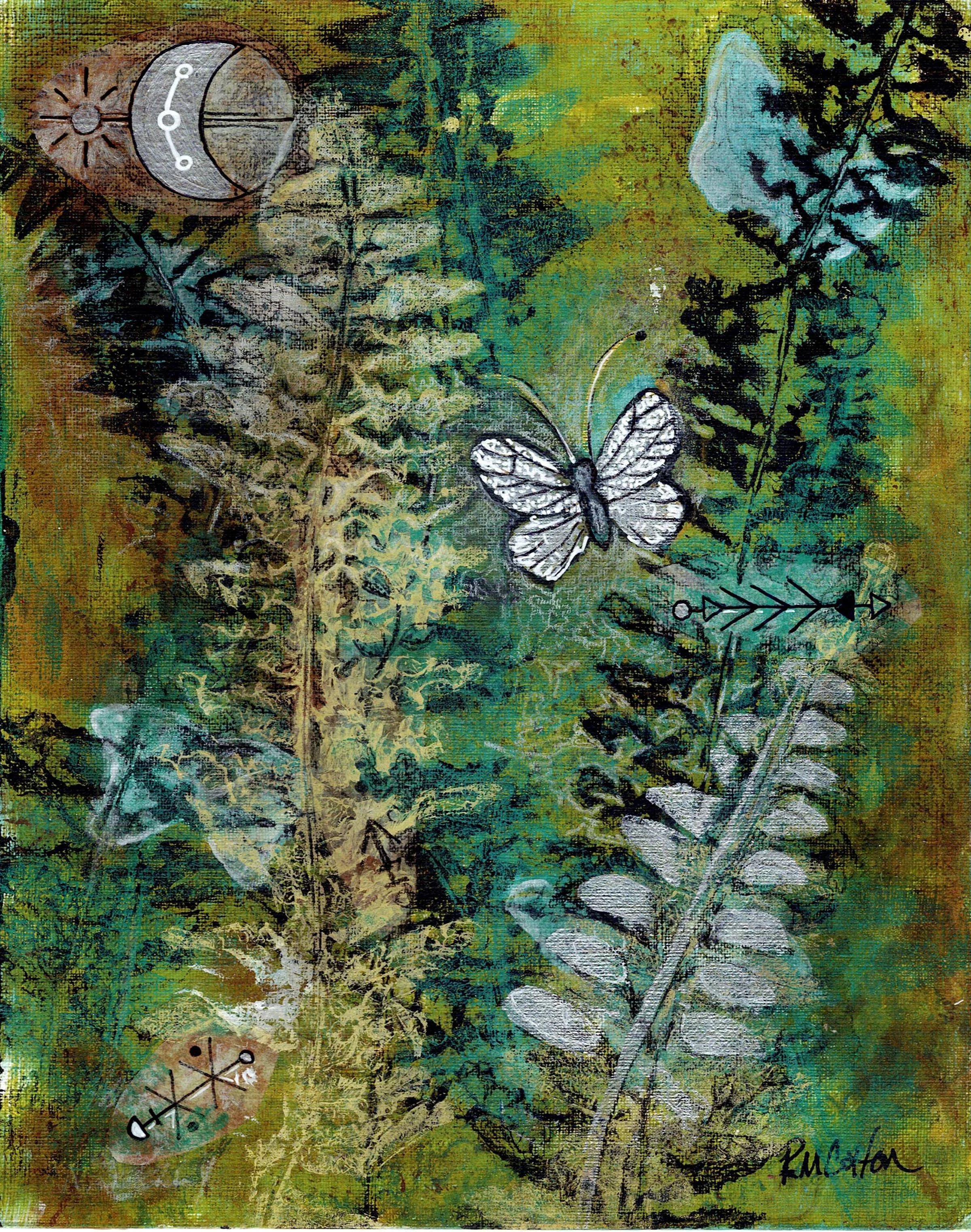 Mixed Media Botanicals featuring a butterfly and a moon with sigils buried in the frond. Green teal and silver
