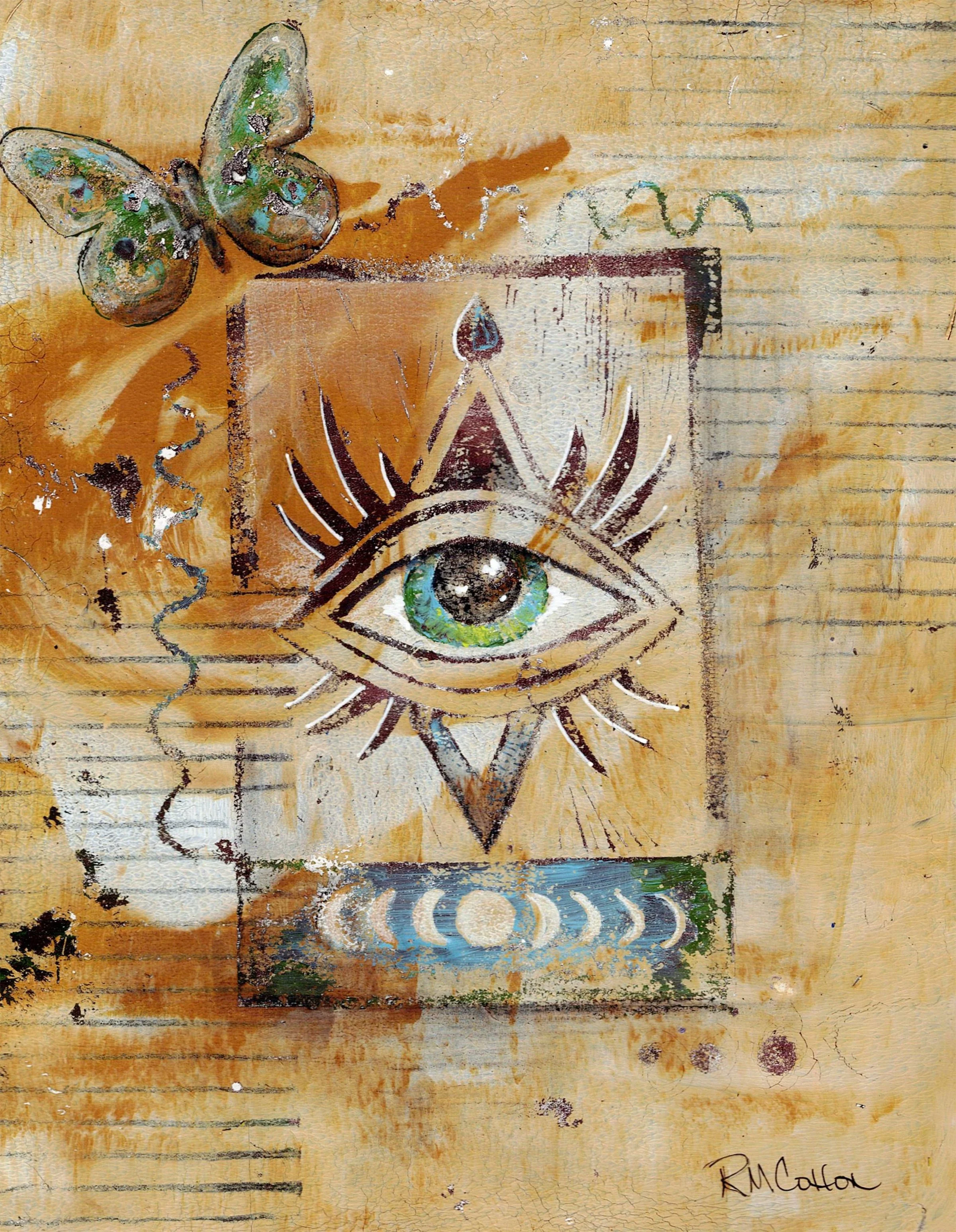 Detail of mixed media print with single eye