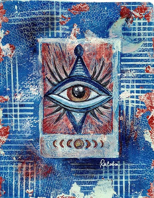 mixed media print with single eye and moon on blue and bronze background