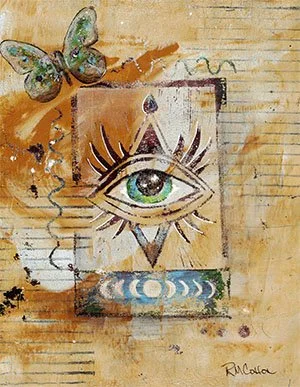 Mixed media artwork featuring an eye with a green iris, surrounded by abstract shapes, a butterfly in the upper left corner, and textured background with warm tones.