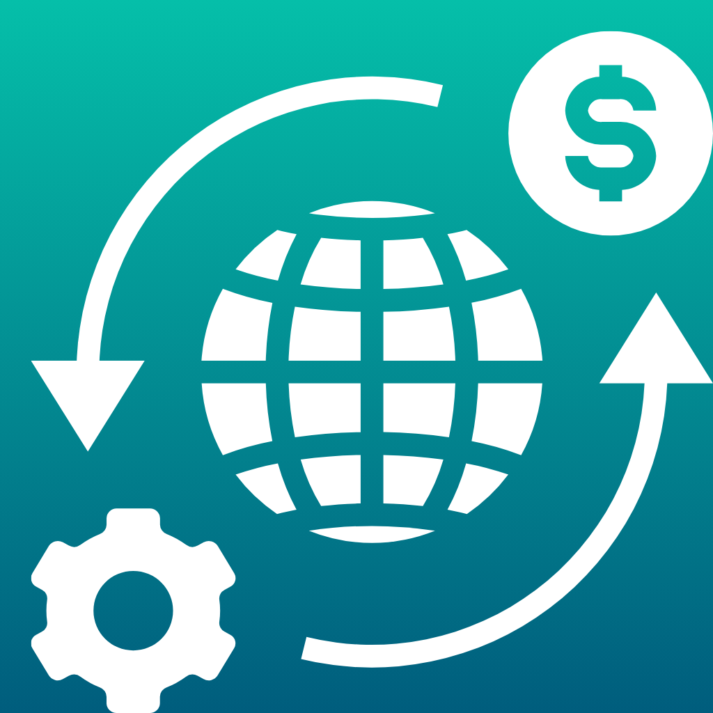 Image representing labor economics, with a globe surrounded by arrows pointing at a gear on one side and a dollar sign on the other.