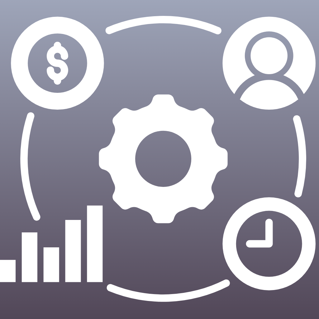 Image representing Operations Management expertise. A gear is surounded by a dollar sign, a person, a graph, and a clock.