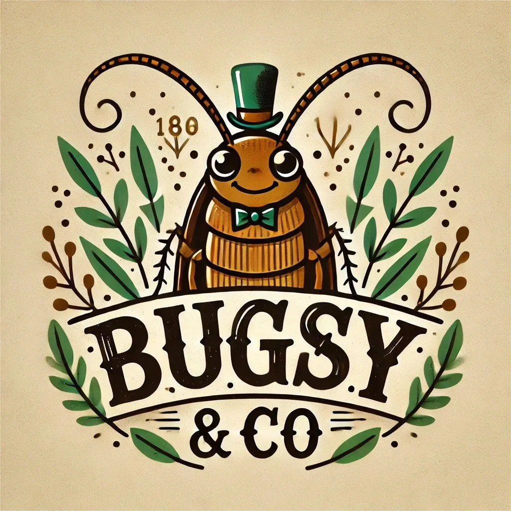 A cartoon bug wearing a green top hat and bow tie, with large eyes and a smiling face, surrounded by green leaves and small decorative elements, with the text "BUGSY & CO" underneath.