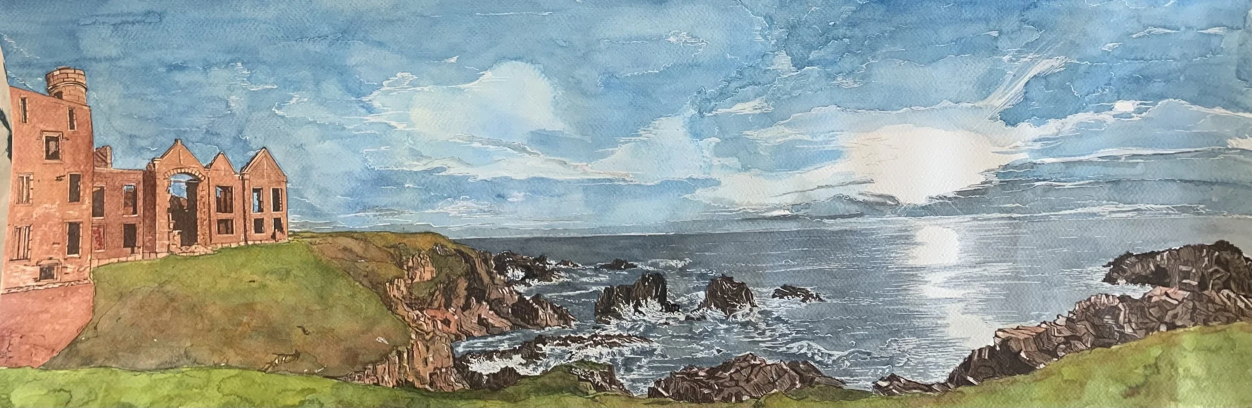 Original watercolour of Slains Castle, Cruden Bay, by Claire Hiett.