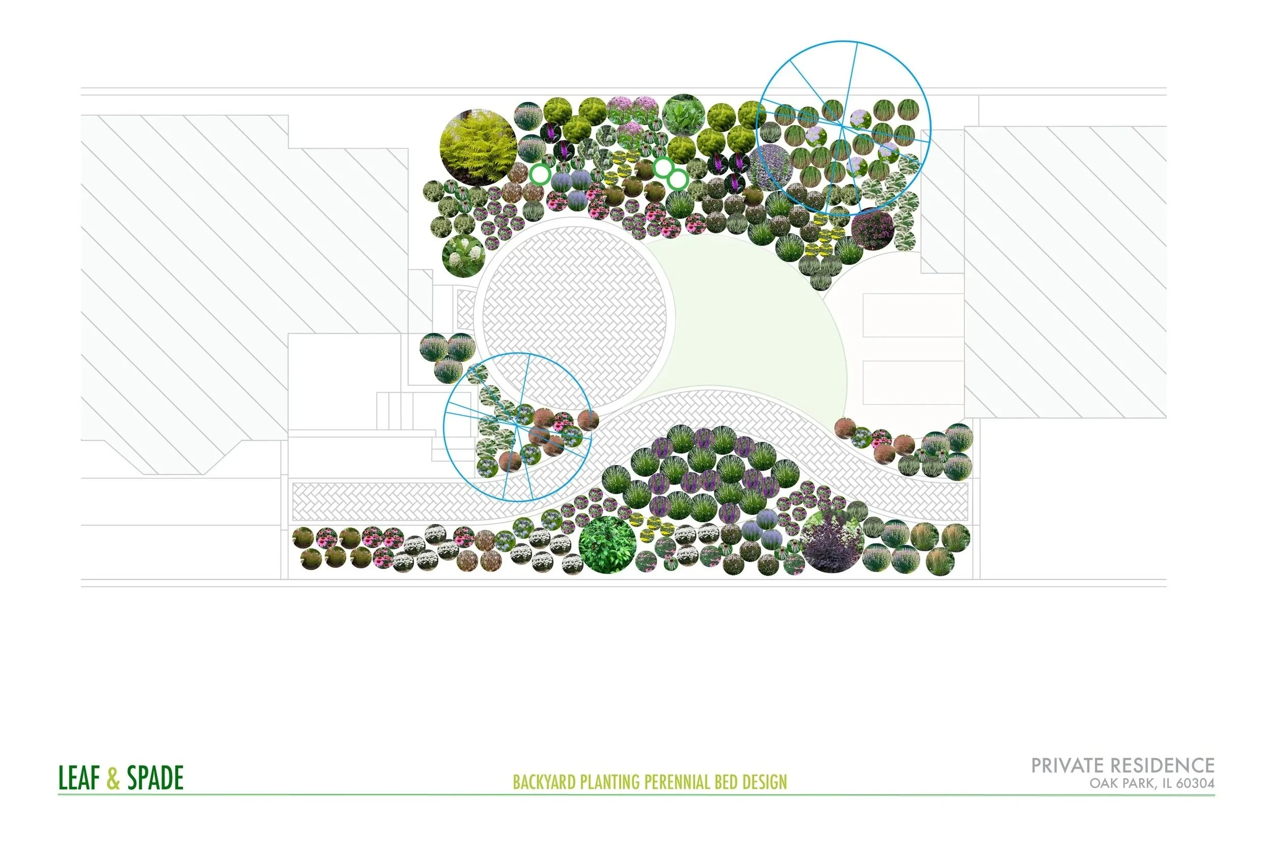 Landscape design plan for backyard with planting beds, hardscaping, and pathways.