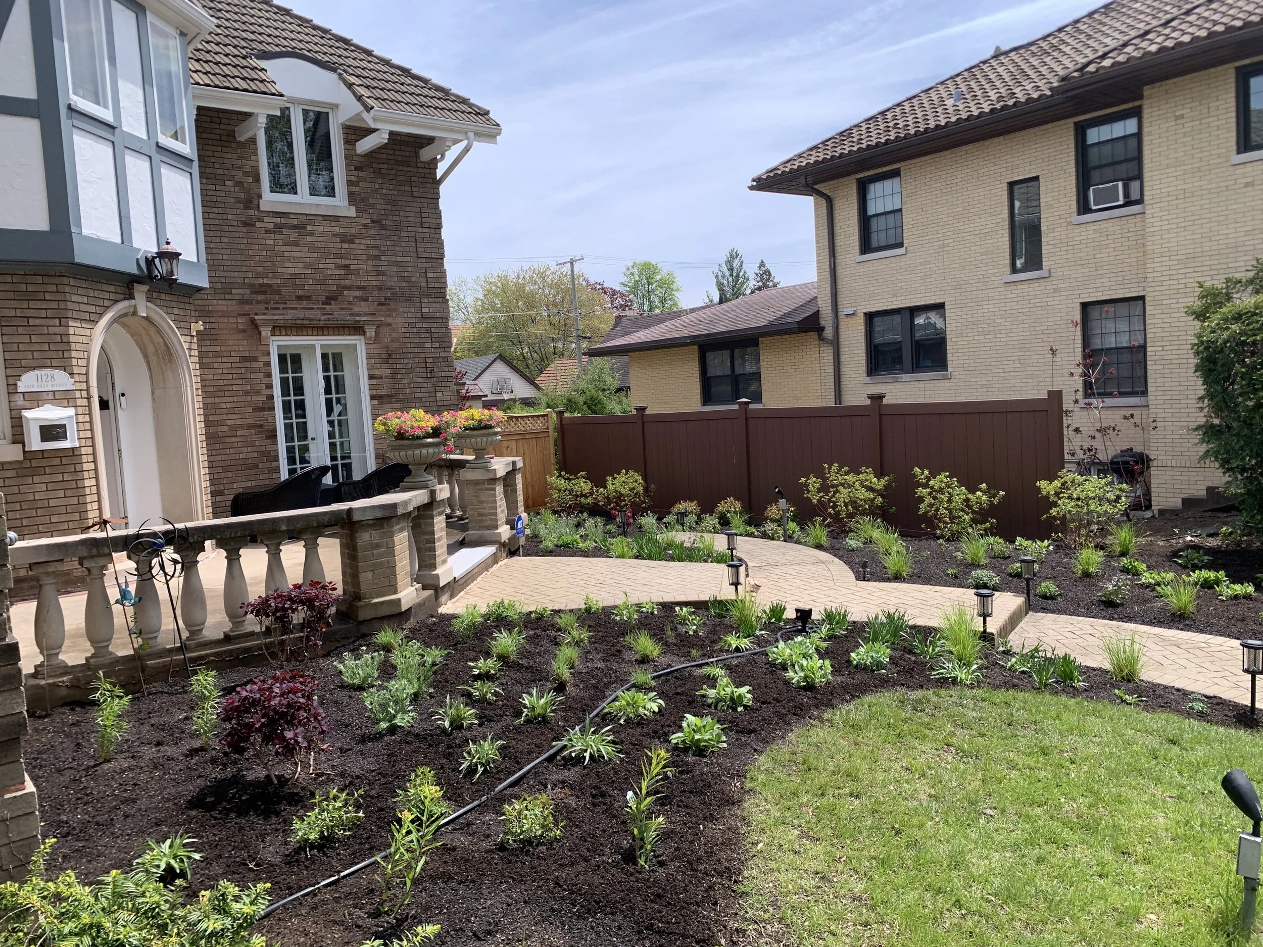 Front yard Oak Park, Illinois garden with a paved walkway, small plants, shrubs, and decorative lighting.