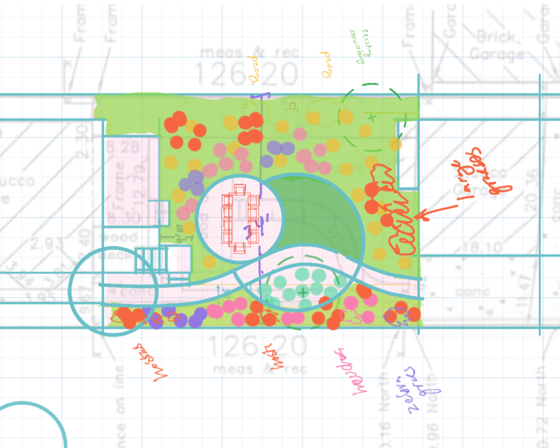 A colorful early stage Oak Park, Illinois landscape plan for an outdoor space, featuring a central seating area, various plantings, and walkways.