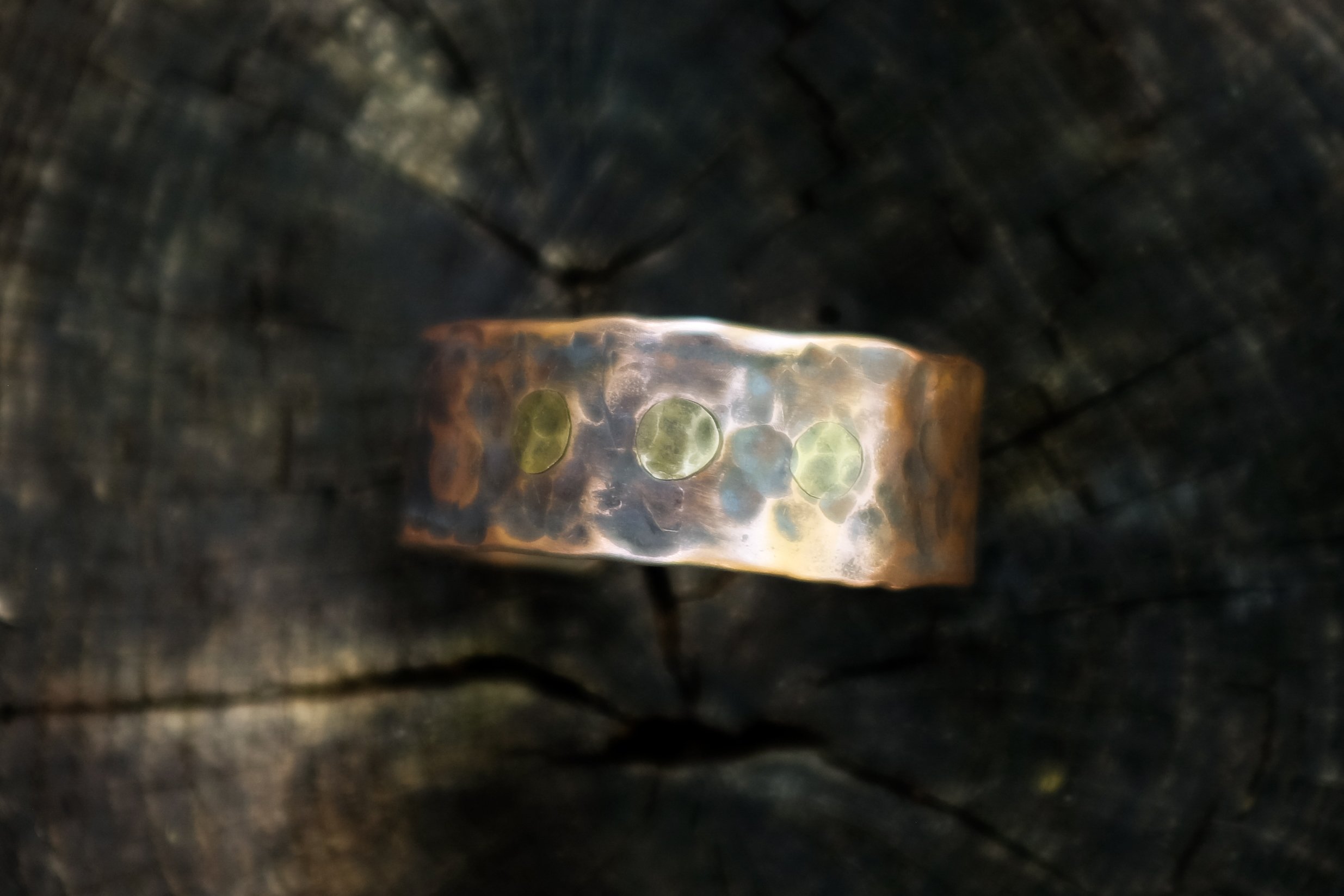 1" Hammered copper cuff/bracelet with peened brass inlays
