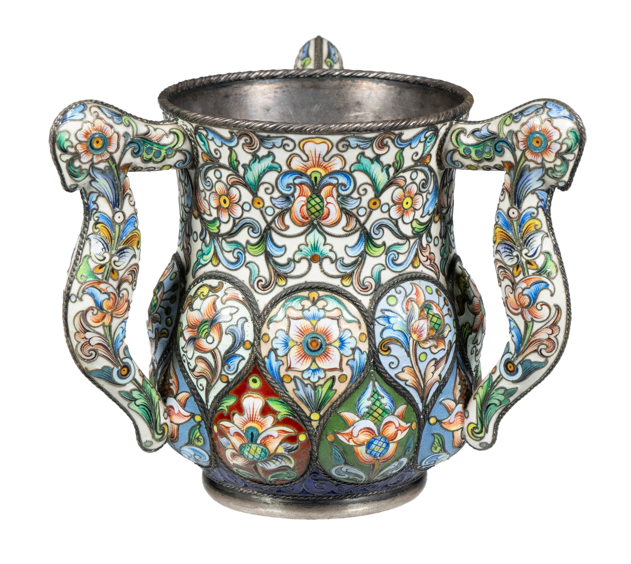 FEODOR RUCKERT SILVER CLOISONNE ENAMEL LOVING CUP